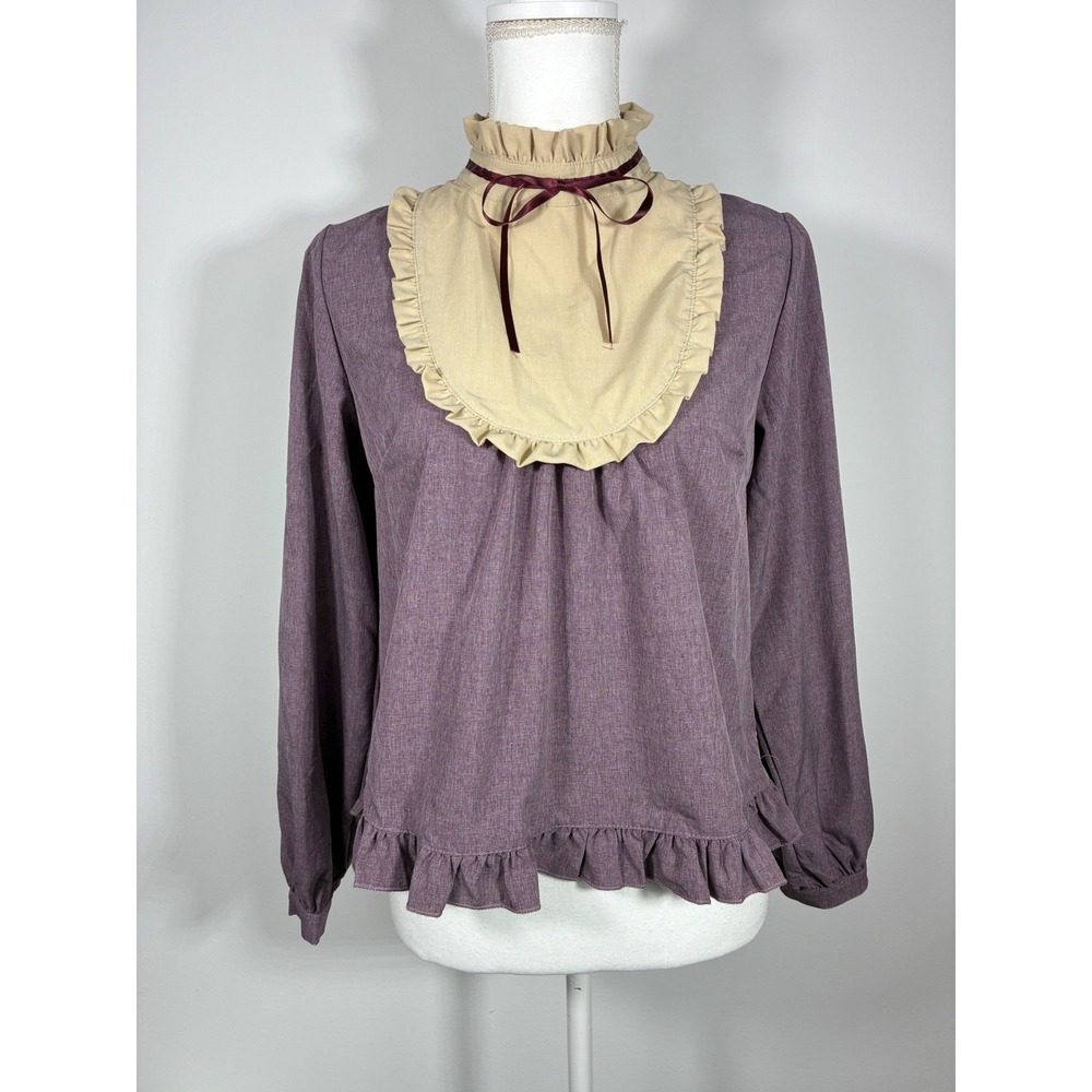Bib Front Blouse Womens M-L Purple Ruffle High Neck Vintage Style